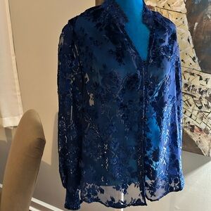 Chico's Blue Graphic Oversized Blouse with Mandarin Collar